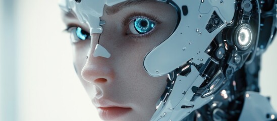 Poster - Robotic female cyborg face illustrating the concept of artificial intelligence rendered in 3D