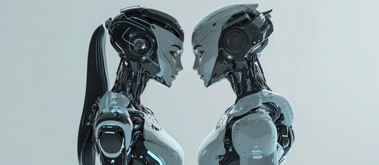 Wall Mural - Futuristic robot couple including a male and female figure depicted in a 3D rendering