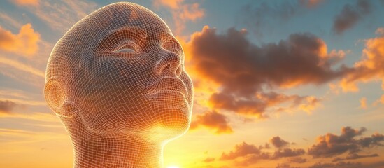 Poster - Abstract 3D illustration of a wireframe young female head set against a sunset sky representing concepts of technology cyborgs digital avatars and futuristic science fiction themes