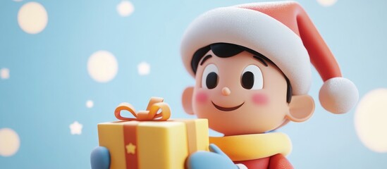 Poster - A close up view of a 3D illustration featuring a whimsical helper character holding a gift