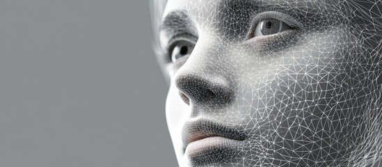 Aufkleber - 3D wireframe illustration of a young female face against a gray background symbolizing technology cyborgs digital avatars and futuristic concepts