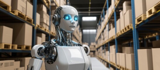 Aufkleber - 3D rendered robot featuring automation in a warehouse setting with cardboard boxes