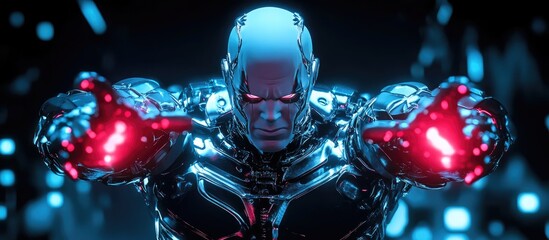 Poster - angry cyborg in a comic hero style portrayed in a dynamic 3d illustration