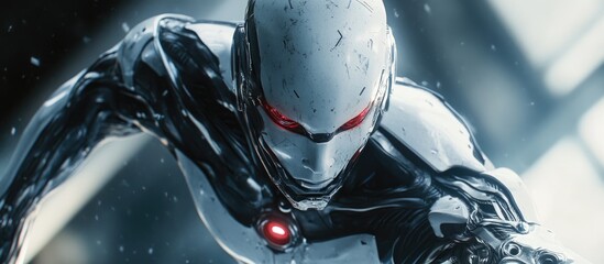 Poster - cyborg preparing for action reminiscent of a comic book hero featured in a dynamic 3d illustration