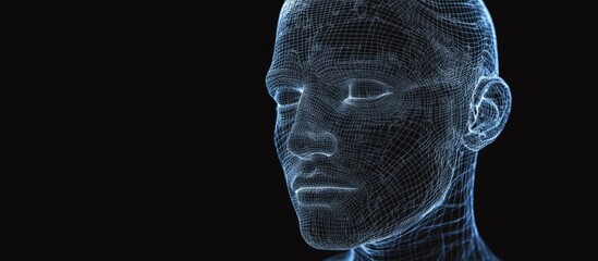 Poster - High resolution 3D wireframe representation of a male human head set against a black background