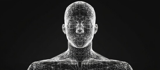 Aufkleber - 3D wireframe representation of a male figure with a questioning expression on a black background symbolizing technology cyborgs digital avatars science fiction and abstract concepts