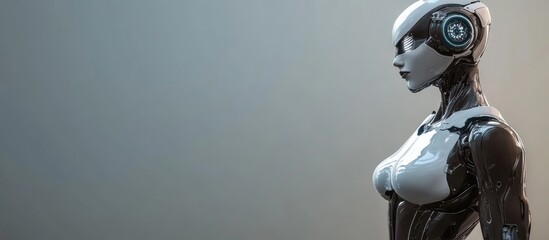 Aufkleber - Female cyborg stands against a gray backdrop in this realistic 3D render