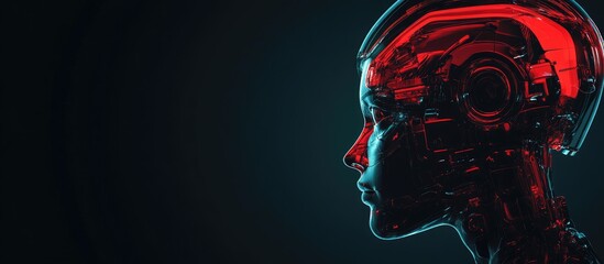 Aufkleber - Futuristic red cyborg head in profile view against a dark background Features a semi transparent face mask rendered in 3D