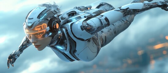 Poster - Female cyborg in flight 3D rendering