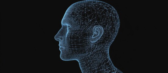 Poster - High resolution 3D wireframe representation of a human male head set against a black background symbolizing technology cyborgs digital avatars and futuristic concepts