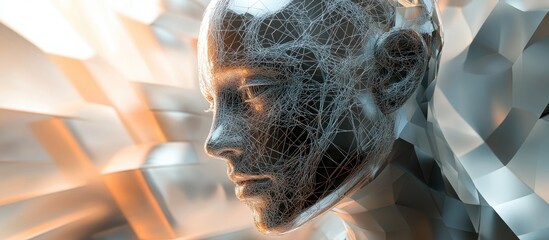 Aufkleber - 3D Rendering Mind Field series Visual composition featuring a wire mesh human head and fractal patterns symbolizing the connection between artificial intelligence and advanced technology