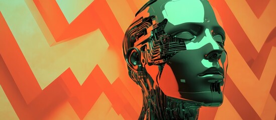 Aufkleber - Futuristic AI cyborg robot head in green and orange with a chevron pattern background 3D illustration and rendering