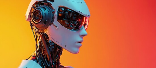 Poster - Futuristic humanoid robot with intricate cyborg features shown in a profile view of the upper body Isolated on a colorful background 3D illustration