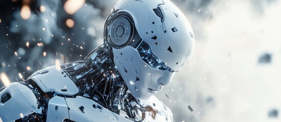 Poster - Future robot android amidst advanced robotics and explosive high energy technology backdrop A concept showcasing innovative scientific developments in artificial intelligence 3D render