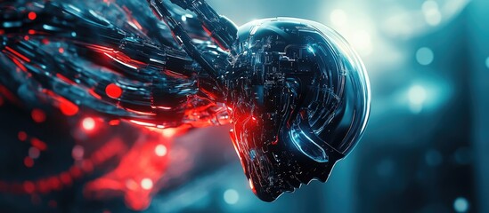 Poster - Futuristic metallic sci fi male cyborg recharges within a high tech computer core in this 3D illustration showcasing maximum energy potential