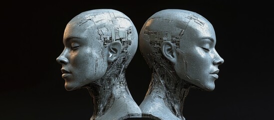 Aufkleber - 3D rendering of futuristic robotic heads representing a man and woman Cybernetic faces displayed from the front on a black background