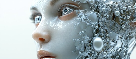 Wall Mural - Female cyborg face featuring intricate pearl like synthetic skin exploring themes of virtual reality and artificial intelligence in a 3D rendered design