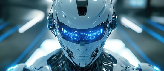 Poster - Futuristic Cyborg The Fusion of Human and Machine represented by a Robot with Human like Skin Enhanced by Blue LED Lights and Numerous Cables featuring a Halo and Visor from a Frontal View