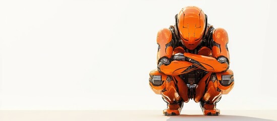 Poster - A self aware orange cyborg with arms crossed observes the camera curiously while squatting with its head lowered 3D rendering against a white backdrop