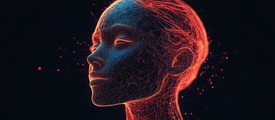 Wall Mural - 3D wireframe representation of a human female head asking a question set against a black background symbolizing technology digital avatars and futuristic concepts