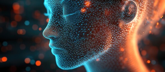 Aufkleber - Abstract polygonal technology background featuring a 3D wireframe head enhanced with blurred and lens effects Represents concepts of artificial intelligence big data and data science