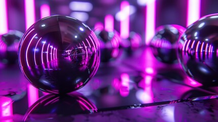 A single shiny sphere reflecting neon pink lights in a dark environment.