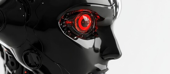 Aufkleber - Realistic red robotic eye with a camera on a black robot face representing high tech facial recognition and the concept of machine uprising Side view 3D render