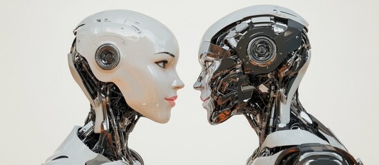 Male and female robots share a pleasant moment gazing at each other Close up side view portrait on a white background showcasing the artificial faces of this cybernetic couple