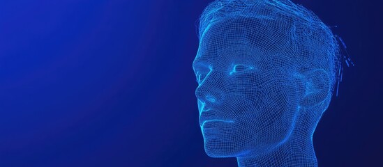 Poster - 3D wireframe depiction of a young male face against a blue background symbolizing technology cyborgs digital identity virtual representation science fiction and abstraction