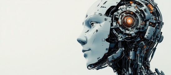 Poster - AI robot head featuring a digital brain engine isolated on a white background with a clipping path 3D rendering