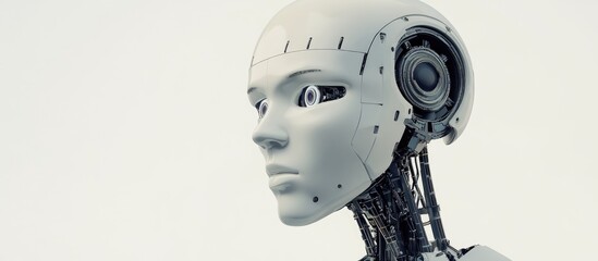 Aufkleber - 3D rendering of an open eyed severed android robot head on a stand Featuring a white background this artwork represents a futuristic AI concept