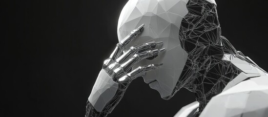 Aufkleber - Detailed 3D render of a futuristic humanoid robot or cyborg touching its forehead with a wireframe polygonal design on a black background