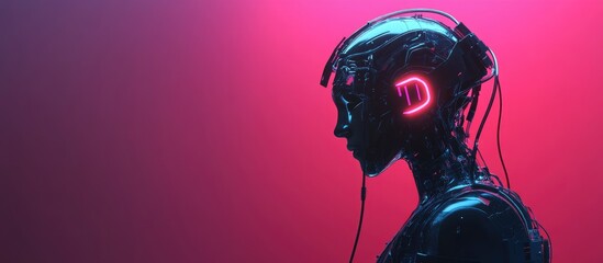 Poster - Rear view of a cyborg with a USB cable attached to its head featuring neon lighting and space for text 3D rendering