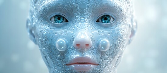 Aufkleber - Futuristic female cyborg face featuring intricate pearl like artificial skin designed for virtual reality and AI concepts presented in a detailed 3D render
