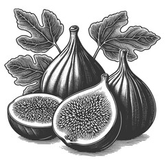 Wall Mural - figs with leaves, showcasing the natural beauty of this fruit sketch engraving generative ai vector illustration. Scratch board imitation. Black and white image.