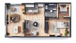 © B 7 YOU - Top view of an apartment with a living room, kitchen, bathroom and bedroom.