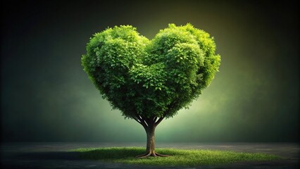 Aerial view of green tree shaped like a heart on dark background