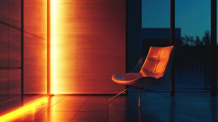 Wall Mural - Modern chair in an orange lit room with a window overlooking the night.