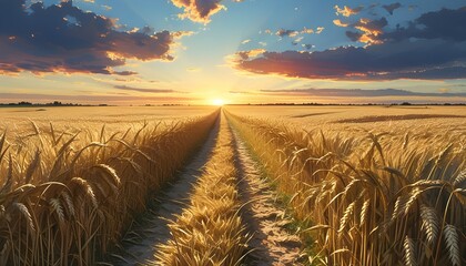 Wall Mural - Horizon Pathway Through Golden Wheat Fields, Captured in Generative Art