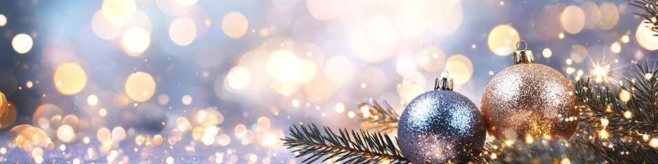 Poster - Cheerful Christmas background with bauble and glittery bokeh with blurred background. 