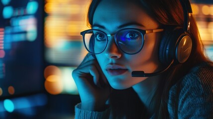 Wall Mural - Close-up portrait of a woman wearing glasses and headphones, looking at a computer screen.