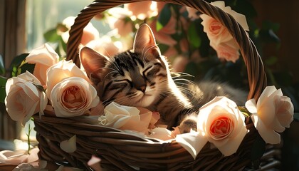 Wall Mural - Serene cat lounging in a basket surrounded by roses with sunlight filtering through vibrant petals