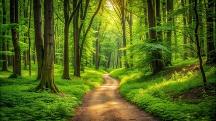  A peaceful path winding through a lush green forest , nature, trail, serene, pathway, trees, foliage, walkway
