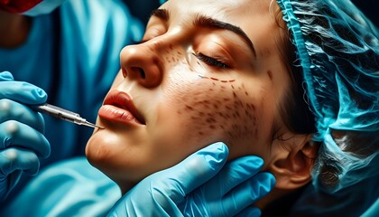 Wall Mural - Photorealistic depiction of surgeons engaged in nose enhancement and skin rejuvenation procedures with cool tones and intricate details