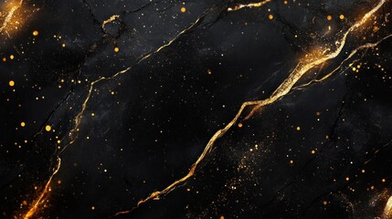 Wall Mural - Black marble texture with golden glitter and abstract lines.