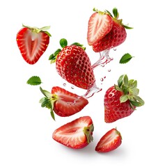 Isolated strawberries. Three strawberry fruits, one cut in half isolated on white background 