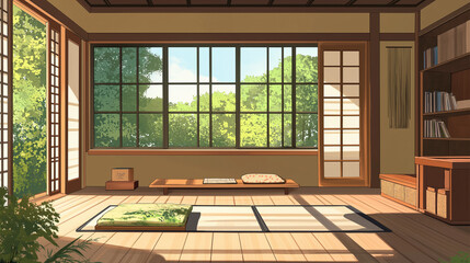 Anime style illustration of a retro style Japanese tatami room interior with comfortable anime wooden furniture