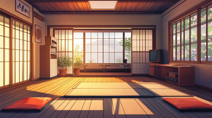 Wall Mural - Anime style illustration of a retro style Japanese tatami room interior with comfortable anime wooden furniture