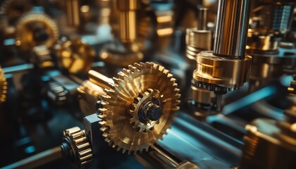 Wall Mural - Close-up of Shiny Gold Gears and Metal Parts in a Complex Machine