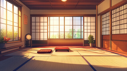 Wall Mural - Anime style illustration of a retro style Japanese tatami room interior with comfortable anime wooden furniture